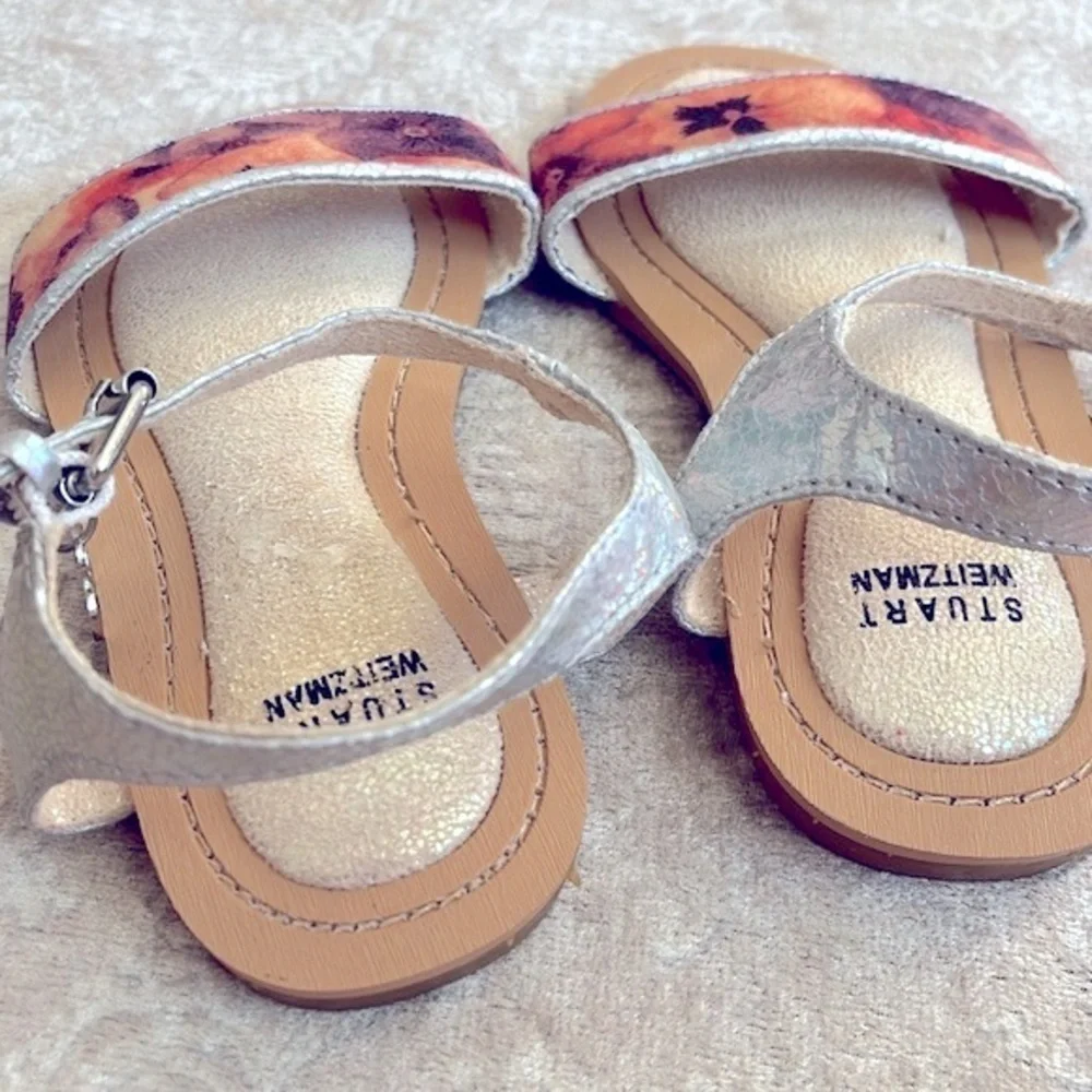 Brand New Stuart Weitzman Floral Metallic Iridescent Ankle Strap Sandals Heart